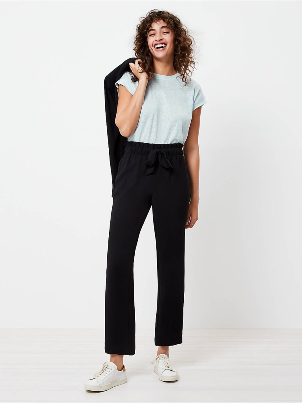 LOFT NEW LT L Tall Tie Waist Paperbag Ankle Length Pants in Black • Easy Pull On